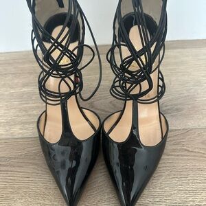 Christian Louboutin Black Patent Pointed-Toe Lace-Up Heels 38